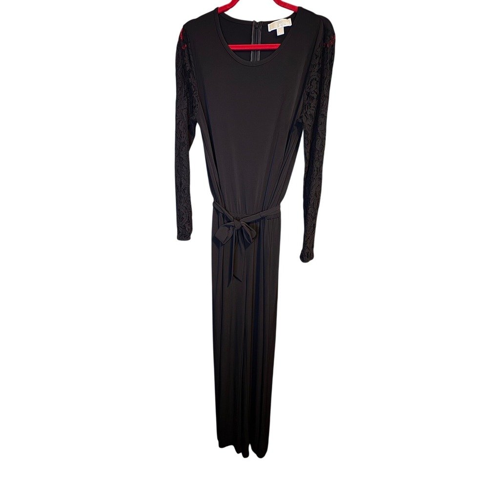 Michael Kors Womens Black Long Lace Sleeve Belted Jumpsuit Size L Crew Neck - Picture 5 of 5